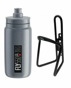 Elite Trinkflasche Grau/schwarz + M-Wave Flaschenhalter Schwarz