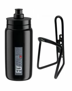 Elite Trinkflasche Schwarz/grau + M-Wave Flaschenhalter Schwarz