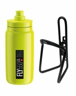 Elite Trinkflasche Gelb Fluo + M-Wave Flaschenhalter Schwarz