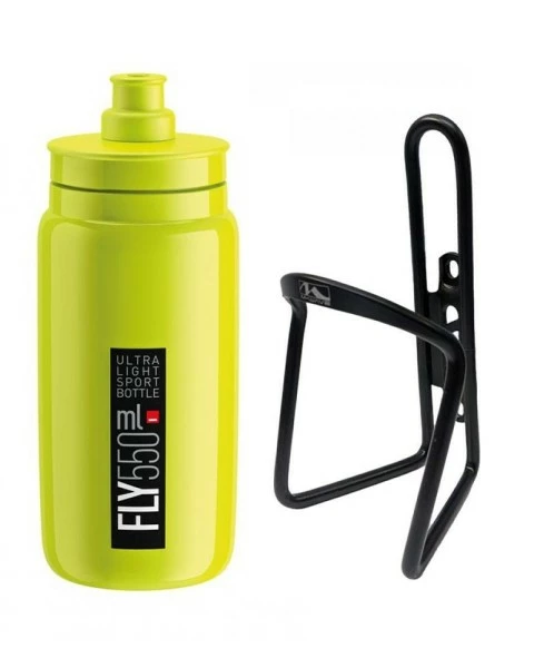 Elite Trinkflasche Gelb Fluo + M-Wave Flaschenhalter Schwarz 3 Elite Trinkflasche Gelb Fluo + M-Wave Flaschenhalter Schwarz