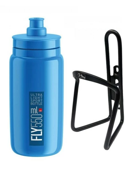 Elite Trinkflasche Blau + M-Wave Flaschenhalter Schwarz 3 Elite Trinkflasche Blau + M-Wave Flaschenhalter Schwarz